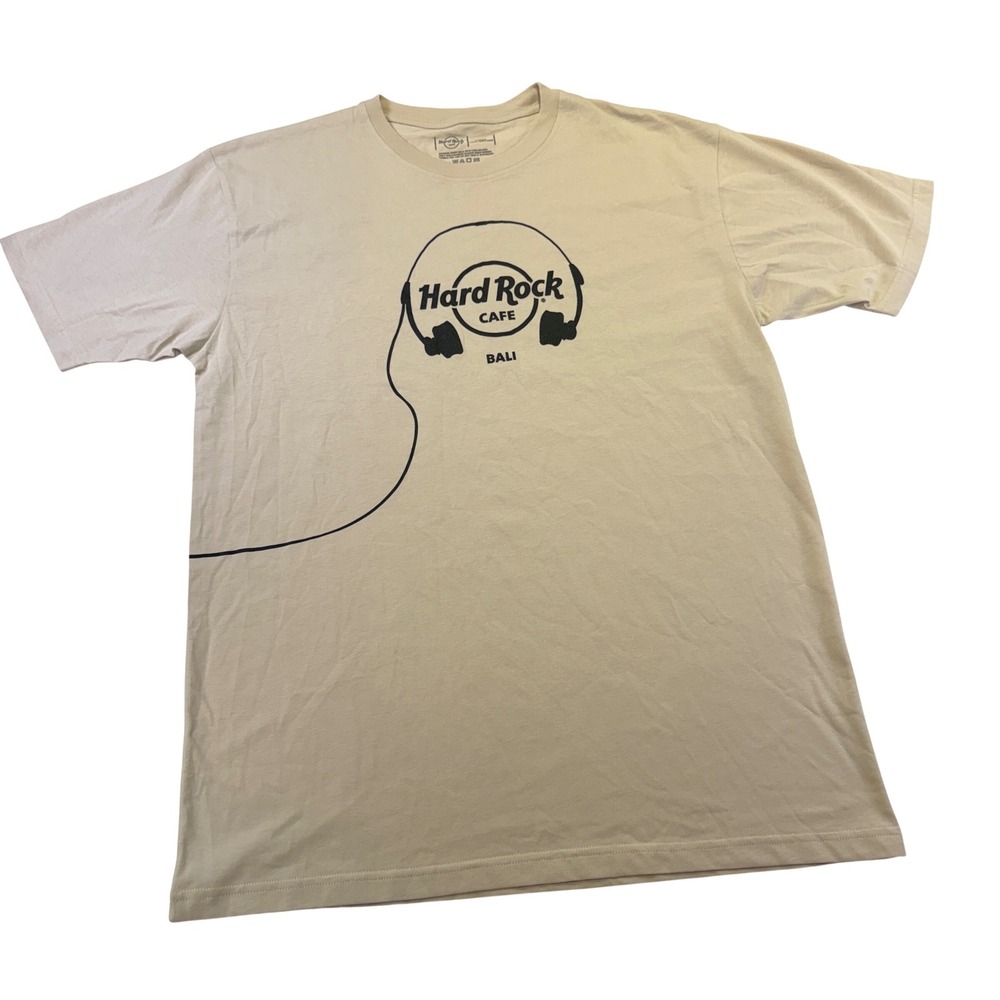 Hard Rock Cafe Bali Graphic T-Shirt Mens Large Tan Beige Headphones Cotton Tee